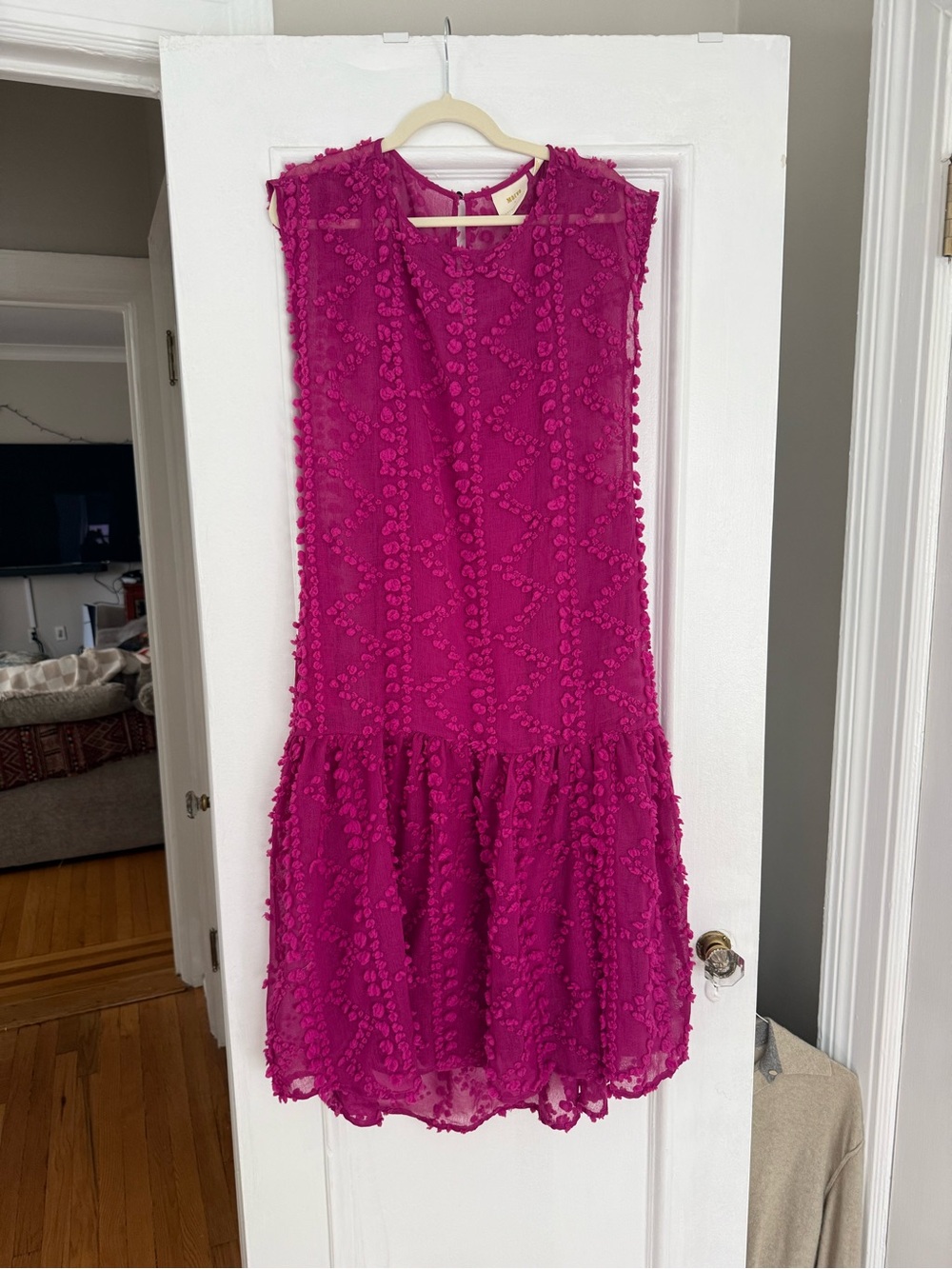 Anthropologie Fuchsia Pom-Pom Drop-Waist Dress